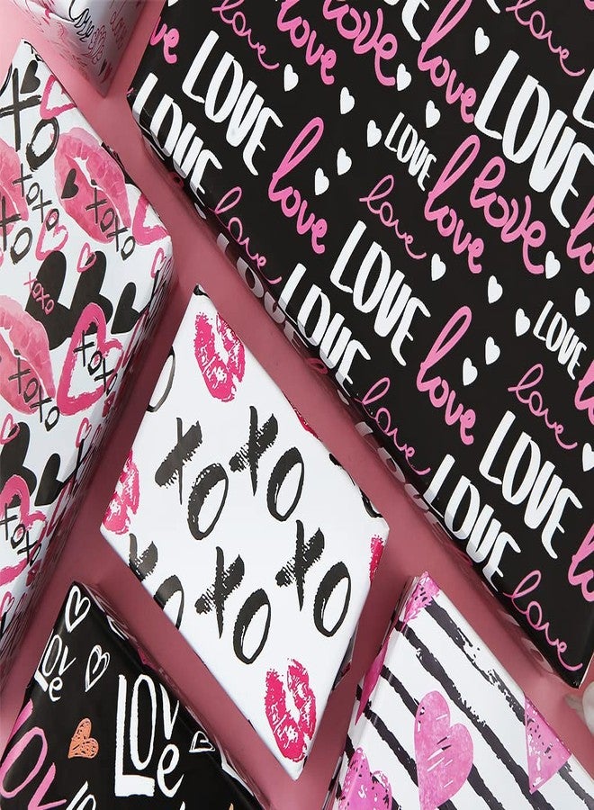 Geluode Valentines Wrapping Paper,6 Sheets 6 Designs Funny Kiss Love Heart Gift Wrapping Paper Adult,Black Pink White Red Gift Wrap Paper Whit 2 Rolls Ribbons For Valentine's Day Wedding Birthday Holiday - Image 4